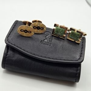 Gold Victorian Revival Art Deco Cufflinks Cuff Links Jade Engraved